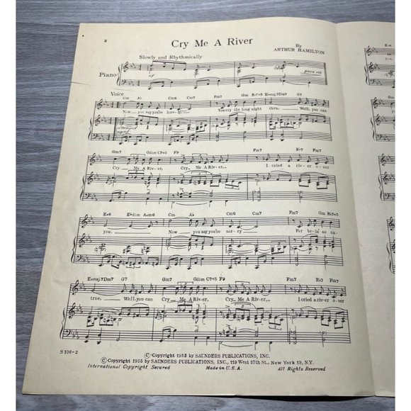 Sheet Music Cry Me a River Vintage Piano Voice by Arthur Hamilton 1953 - Picture 2 of 5